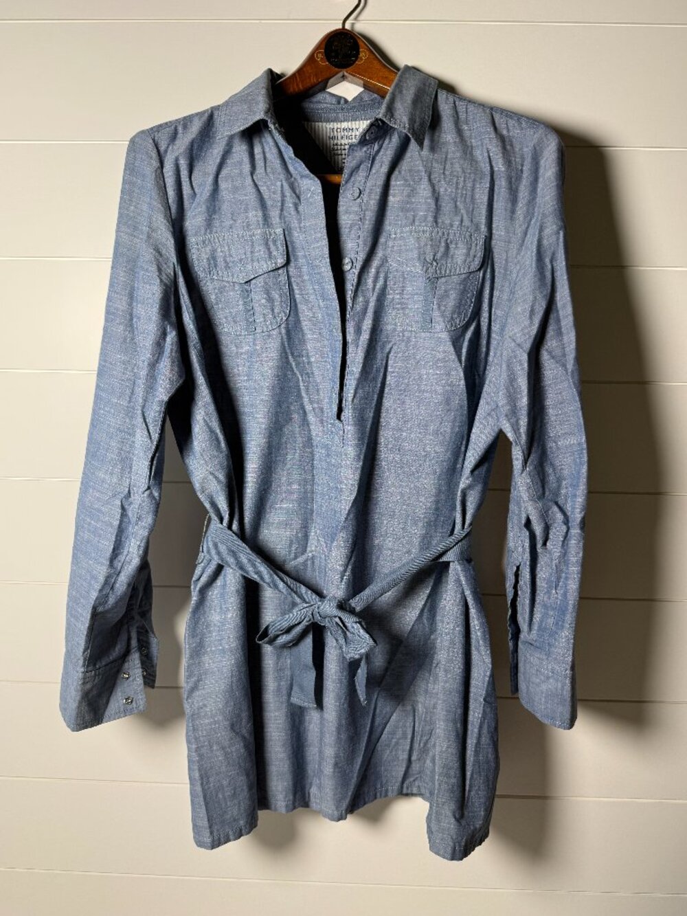 Tommy Hilfiger Chambray Shirt Dress w/ Belt -Adjustable Sleeves Sz Large